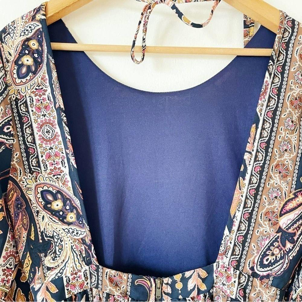 Sage open-back Boho Festival Long-sleeve Dress Paisley A-line Sheath Mini M - Picture 5 of 11